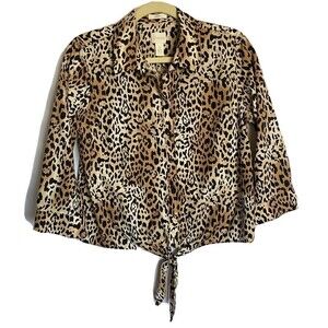 Chicos Top Womens SZ 0 US XS (4) Animal Print No Iron Button Tie Waist Leopard